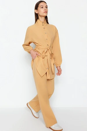 Trendyol Dark Beige Stand-Up Collar Belted Shirt-Trousers Woven Suit