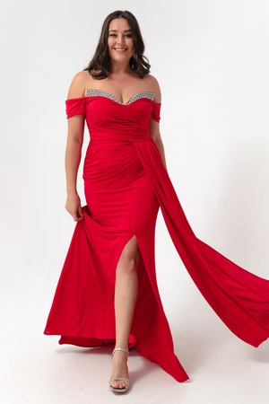 Lafaba Women's Red Long Evening Dress with Stones on the Collar and Tail