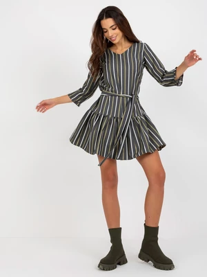 Dark gray striped cocktail dress with tie