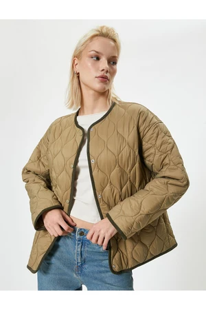 Koton Seasonal Oversize Quilted Coat with Pockets Round Neck