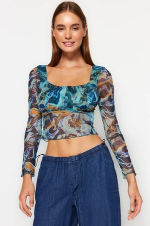 Trendyol Blue Patterned Fitted Crop Tulle Stretch Knitted Blouse