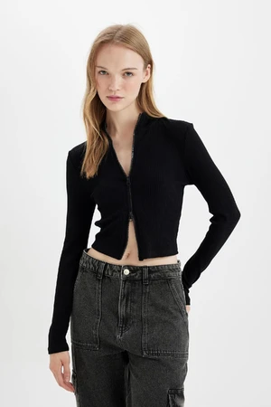 DEFACTO Fitted Stand Collar Basic Plain Zippered Ribbed Camisole Crop Black Cardigan