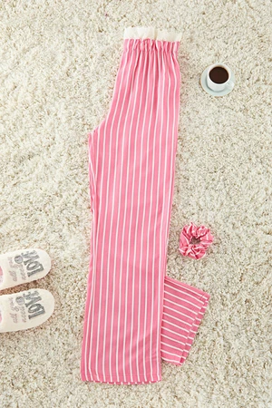 Trendyol Pink Striped Lace Detailed Viscose Woven Pajama Bottoms with Buckle Gift