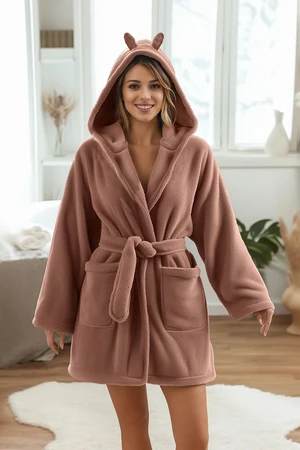 Trendyol Brown Belted Hood, Ear and Pocket Detailed Wellsoft Winter Knitted Dressing Gown