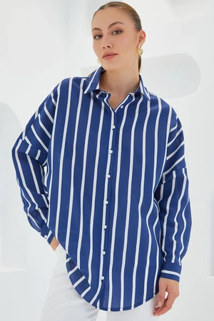 Bigdart Women's Navy Blue White Striped Oversize Basic Shirt 20254