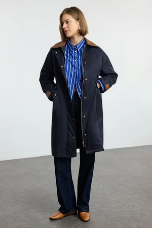 Trendyol Navy Blue Oversize Trench Coat with Leather Detail on the Collar