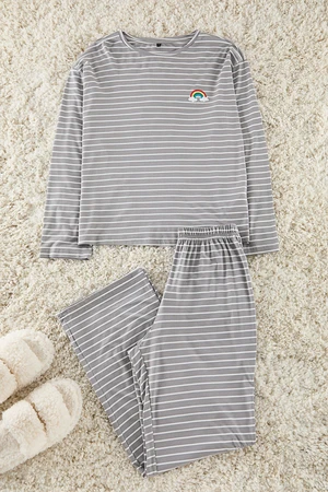 Trendyol Grey Striped Rainbow Printed Viscose Knitted Pajama Set