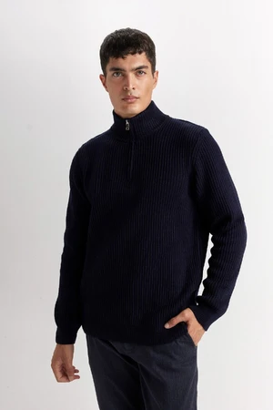 DEFACTO Navy Blue Standard Fit Regular Cut Bato Collar Zippered Basic Plain Knitwear Sweater