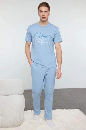 Trendyol Men's Blue Crew Neck Printed Knitted 100% Cotton Pajama Set