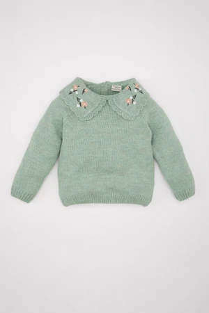 DEFACTO Baby Girl Green Floral Large Collar Knitwear Sweater