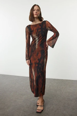 Trendyol Cinnamon Abstract Backless Tulle Boat Neck Flexible Maxi Knit Dress