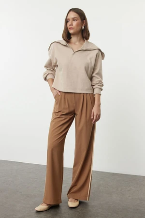 Trendyol Brown Linen Look Wide Leg Woven Trousers with Side Stripe Detail