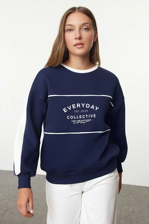 Trendyol Navy Blue Slogan Printed Oversize/Wide Pattern Thick Inside Polar Fleece Knitted Sweatshirt