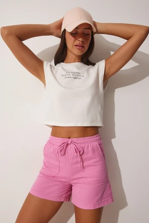 Happiness İstanbul Women's Pink Pocket Linen Gabardine Shorts