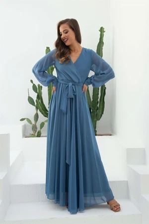 Carmen Indigo Chiffon Double Breasted Long Evening Dress