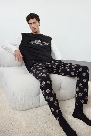 Trendyol Men's Black Printed Regular Fit Knitted Pajama Set