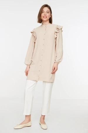 Trendyol Stone Ruched Collar Ruffle Detail Woven Shirt