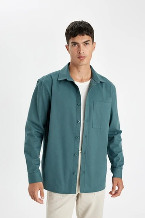 DEFACTO Men's Green Relax Fit Casual Cut Polo Collar Cotton Plain Long Sleeve Shirt Jacket