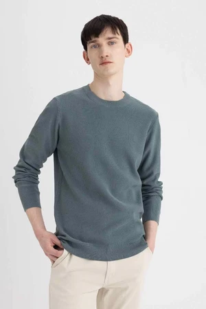 DEFACTO Men's Blue Standard Fit Regular Cut Cotton Crew Neck Muline Patterned Sweater