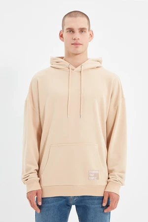 Trendyol Beige Oversize/Wide Cut Hooded Labeled Fleece/Warm Sweatshirt