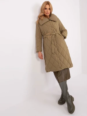 Khaki long winter jacket with stitching