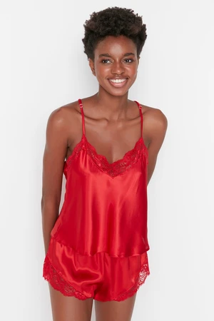 Trendyol Red Lace Detailed Rope Strap Satin Woven Pajama Set