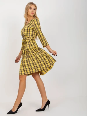 Yellow elegant plaid dress with frill and belt