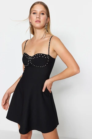 Trendyol Black Open Waist/Skater Woven Shiny Stone Stylish Evening Dress