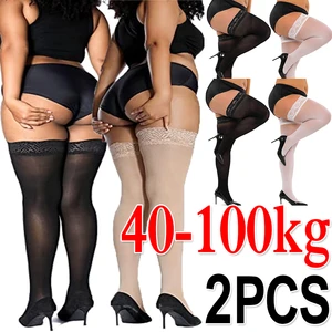 2Pairs Women Sexy Lace Stockings Plus Size High Elastic Thigh High Socks Transparent Over Knee Sock Temptation Pantyhose Tights