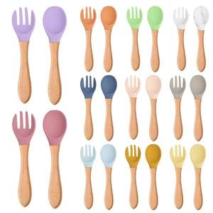 BPA Free Baby Silicone Spoon Fork Set with Wooden Handle Baby Feeding Spoon Fork Toddlers Infant Feeding Accessories Utensils