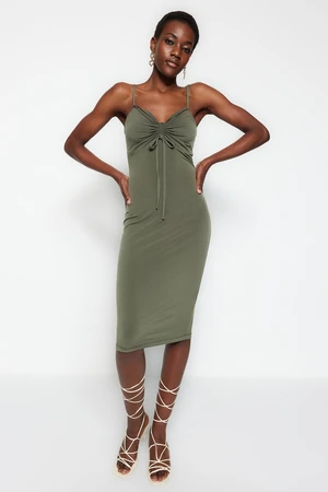 Trendyol Khaki Shirred Detail, Fitted Heart Collar Midi Flexible Knit Dress