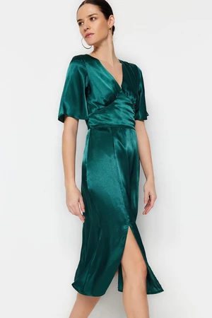 Trendyol Green Plain Fit Midi Woven Satin V-Neck Slit Woven Dress