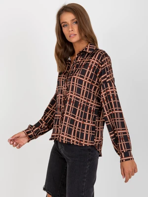 Lady's black plaid shirt made of imitation satin