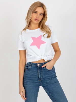 White and pink women's T-shirt with BASIC FEEL GOOD print