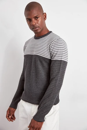 Trendyol Grey Slim Fit Crew Neck Striped Knitwear Sweater