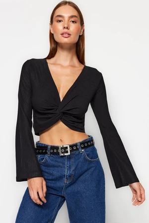 Trendyol Black Knot Detailed Wrapped/Textured Crop Knitted Blouse