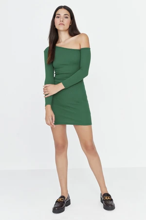 Trendyol Emerald Green Fitted Asymmetric Neck Open Shoulder Mini Ribbed Stretch Knit Dress