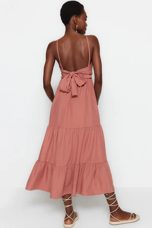 Trendyol Dusty Rose Skirt Flounced Back Tie Detail Strap Maxi Woven Dress