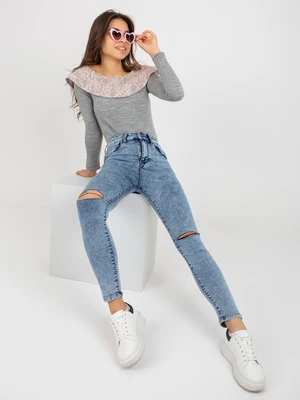 Blue high-waisted denim trousers