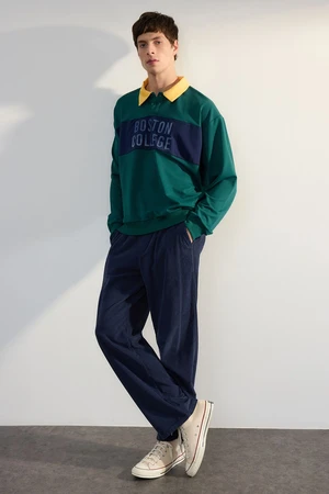 Trendyol Emerald Green Oversize/Wide Cut Polo Collar Puffy Printed Cotton Sweatshirt