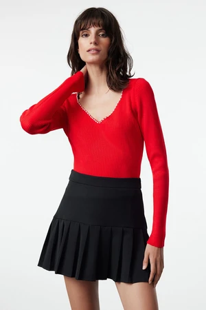 Trendyol Red Pearl Detailed V-Neck Knitwear Sweater