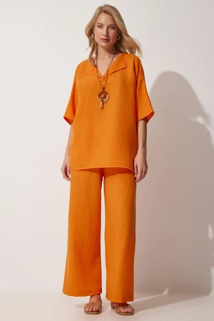 Happiness İstanbul Women's Orange Necklace Ayrobin Tunic Trousers Suit