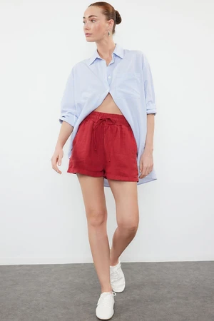 Trendyol Red 100% Linen Elastic Waist High Waist Shorts