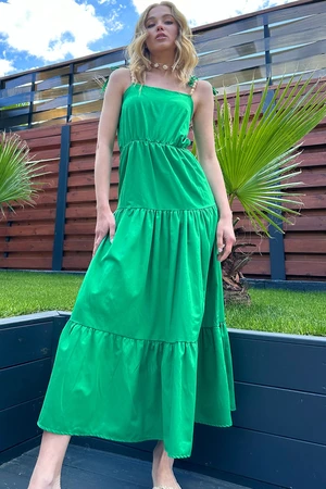 Trend Alaçatı Stili Women's Green Layered Flounce Strap Midilength Dress with Bead Accessories