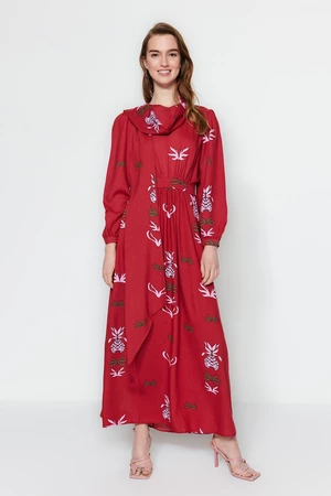 Trendyol Red Floral Pattern Shawl Collar Lace-Up Detail Woven Dress