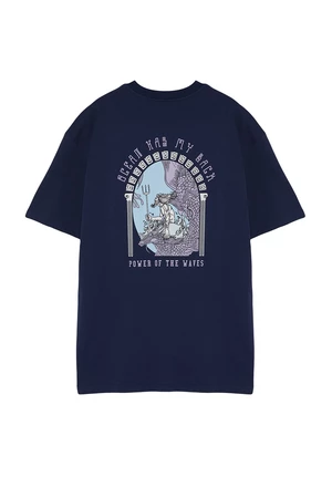 Trendyol Navy Blue Relaxed/Comfortable Cut Artistic Printed 100% Cotton Large Size T-Shirt