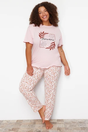 Trendyol Curve Pink Floral Pattern Knitted Pajamas Set