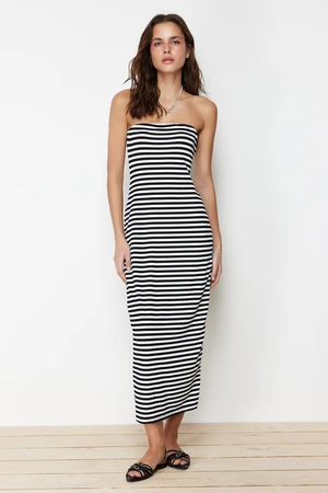 Trendyol Black Striped Strapless Fitted Flexible Maxi Knitted Pencil Dress