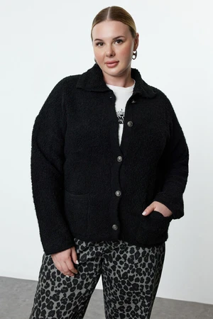 Trendyol Curve Black Polo Collar Boucle Knit Cardigan