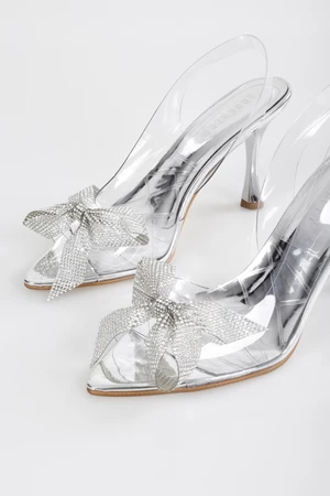 Shoeberry Women's Starla Silver Stone Bow Sheer Heel Shoes